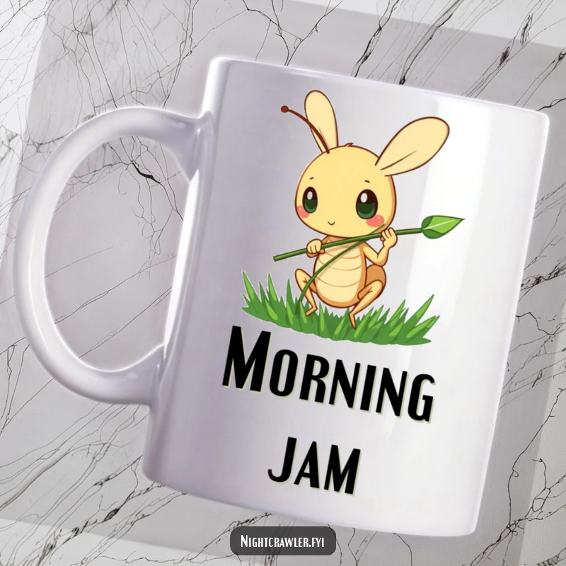Funny Cricket Serenade Mug: A cute cricket character happily strums a blade of grass, creating a joyful, musical scene.