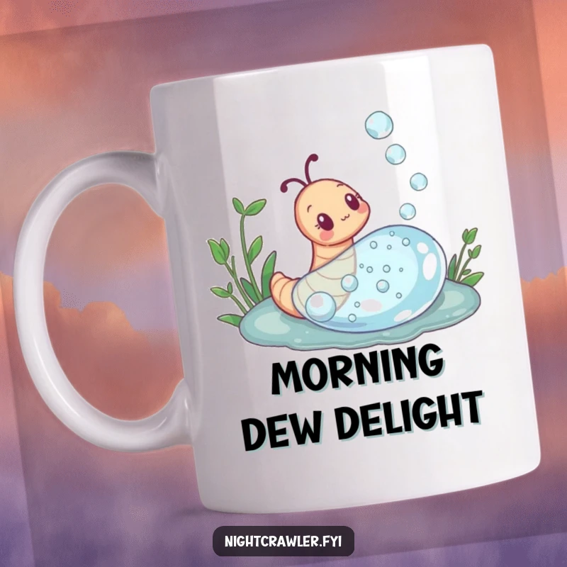 Funny mug featuring a curious earthworm character marveling at a giant dewdrop, showcasing wonder and a thirst for exploration.