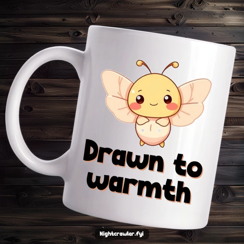 Funny moth mug featuring a happy character fluttering joyfully around a soft, gentle light source, radiating warmth.