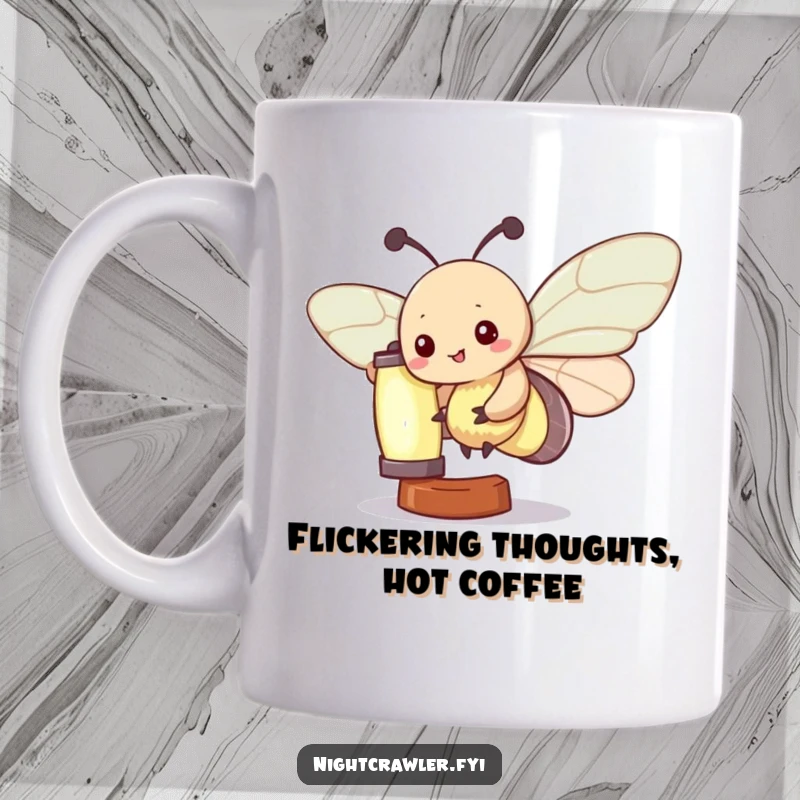 Funny Kawaii Moth Mug: Cute moth character playfully fluttering around a glowing lantern, radiating warmth and happiness, perfect funny gift.