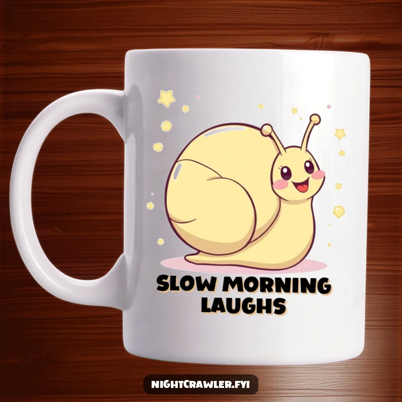 Funny kawaii snail mug showing a cute snail character leaving a shimmering trail of visible giggles, radiating pure joy.