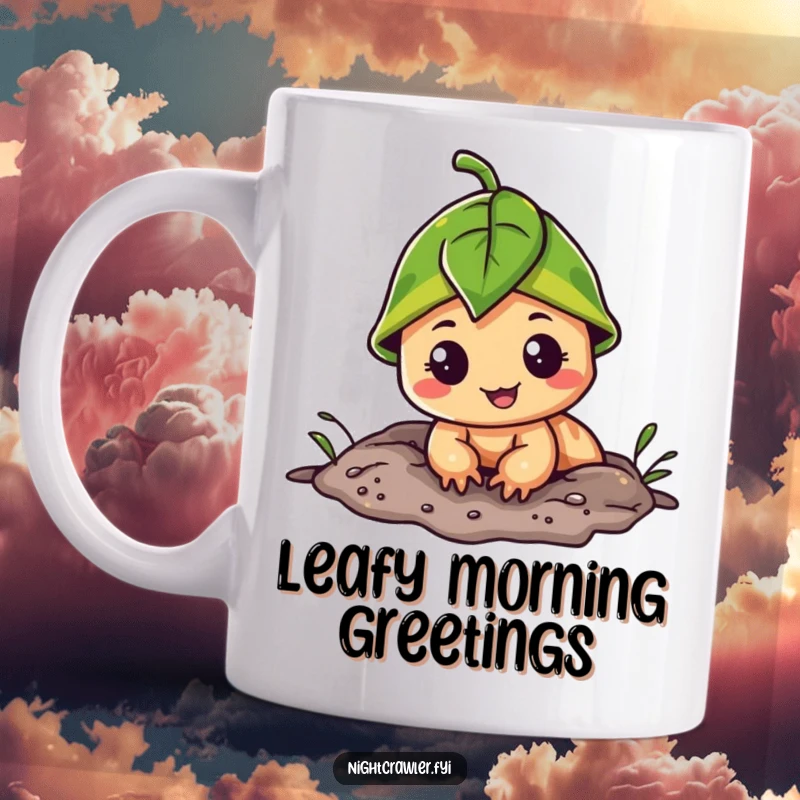Funny mug with a cheerful night crawler character wearing a cute leaf cap, peeking playfully out of its burrow with a happy expression.