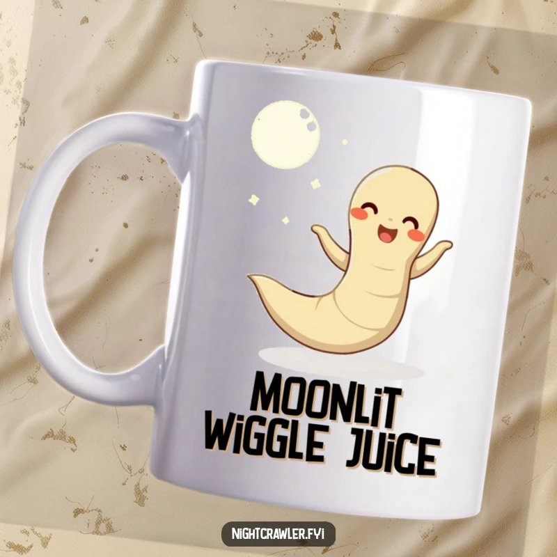 Funny mug featuring a happy earthworm joyfully doing a wiggly dance beneath a serene moonlight, embodying pure, uninhibited fun.