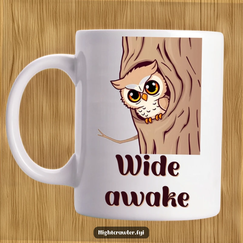 Funny Owl Peek Mug: A little owl character peeks from a tree hollow with bright, curious eyes, radiating wisdom.