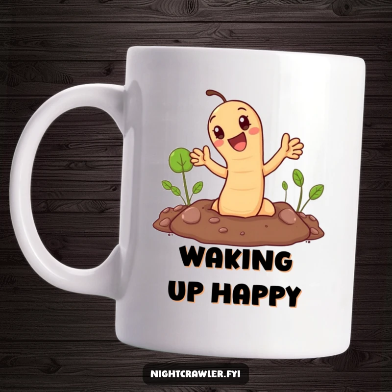Funny mug: cute earthworm joyfully pops out of the ground and waves hello. Cheerful garden humor gift.