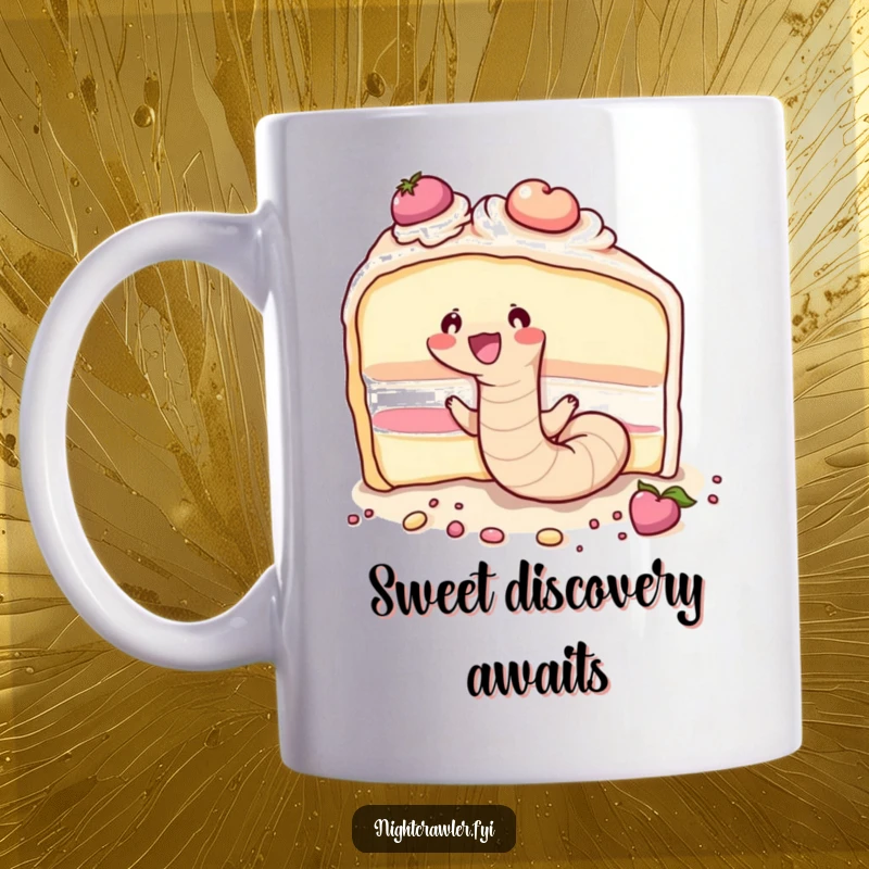 Funny cute earthworm joyfully burrowing through a massive slice of cake, depicted on this delightful mug.