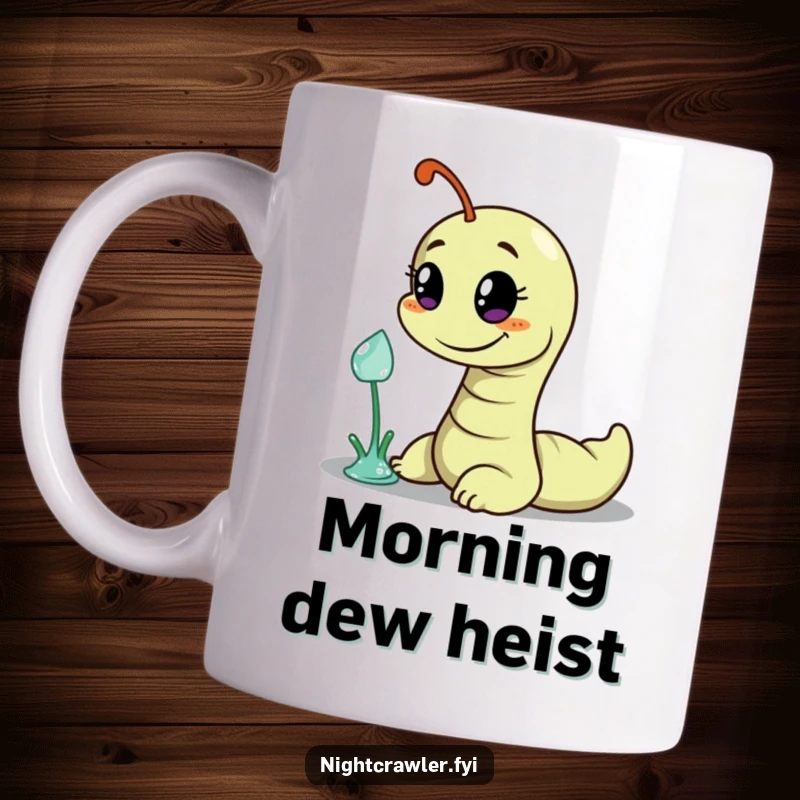 Funny mug depicting a wiggly worm character with a mischievous smile, slyly reaching for a glistening dewdrop, embodying playful stealth.