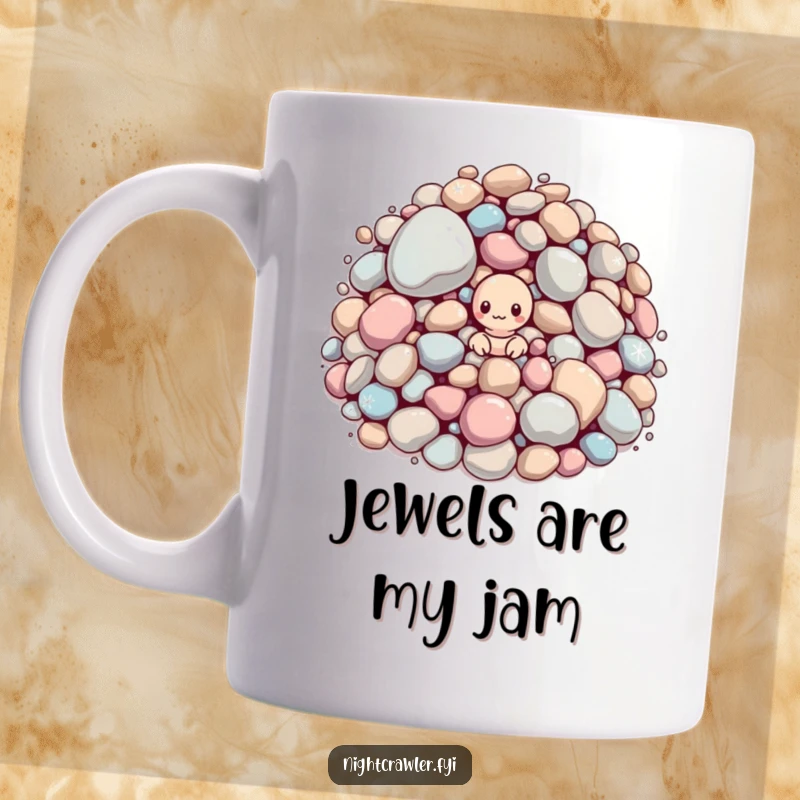 Funny mug mug: small worm peeking from huge sparkling pebbles. Quirky and humorous gem lover gift.