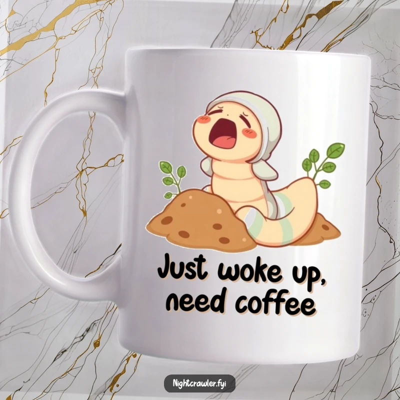 Funny Earthworm Pajama Mug: Cute sleepy worm in pajamas peeking from soil with a wide yawn, perfect for gifts.