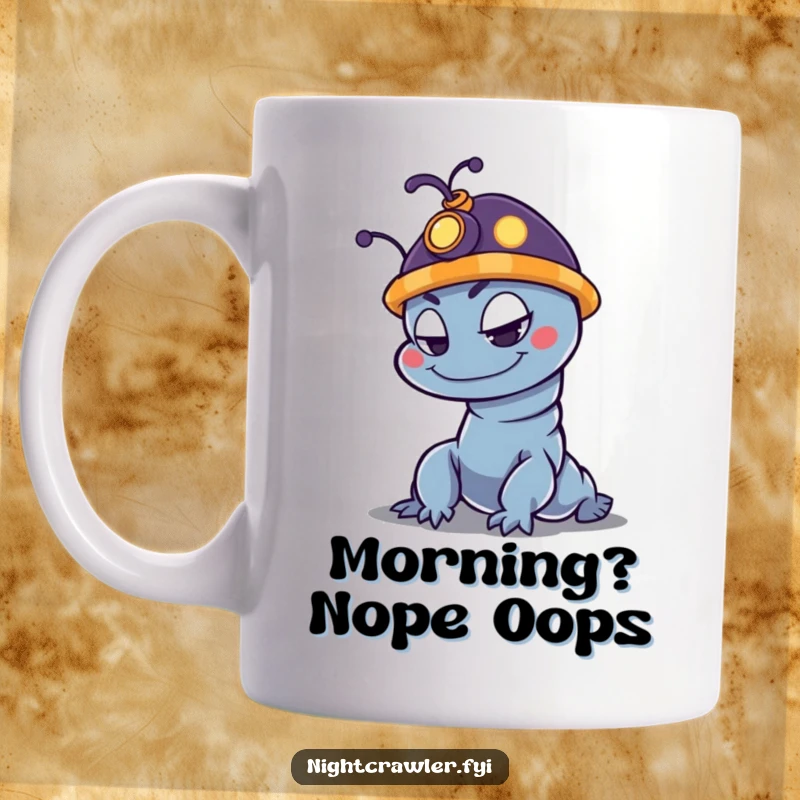 Funny night crawler mug with a tiny glowing hat, looking slyly mischievous, perfect for your morning coffee or tea.