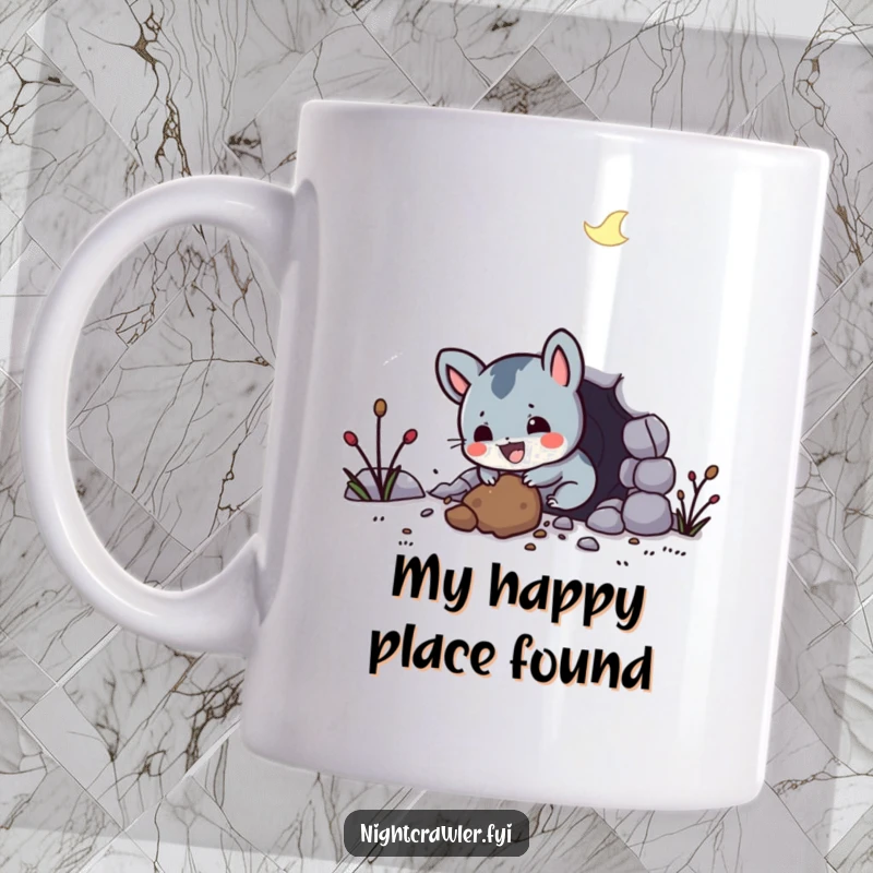 Funny mug featuring a small, excited night creature gleefully digging a tunnel, showcasing its determined and joyful personality.