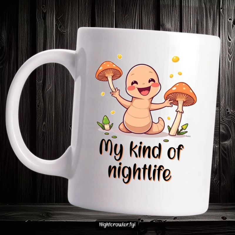 Funny mug featuring an excited earthworm character gleefully juggling glowing mushrooms, spreading light and laughter with its playful antics.