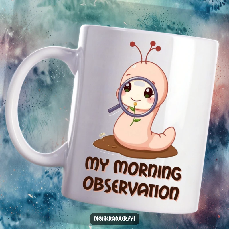 Funny mug featuring a cute worm character intently examining a tiny sprout with a magnifying glass, conveying humorous discovery.