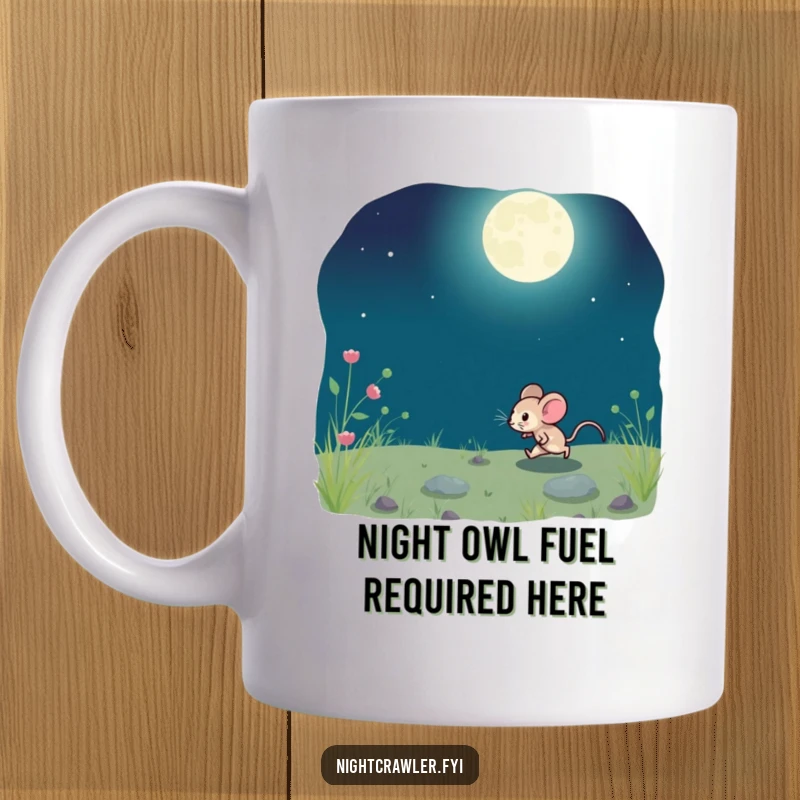 Funny mug depicts a small, energetic mouse playfully running across moonlit ground, embodying nocturnal fun.