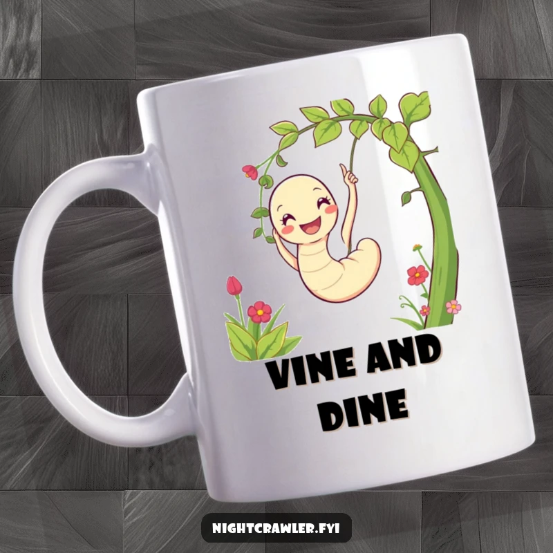 Funny mug showcasing a beaming worm character joyfully swinging on a garden vine, radiating pure happiness and outdoor fun.