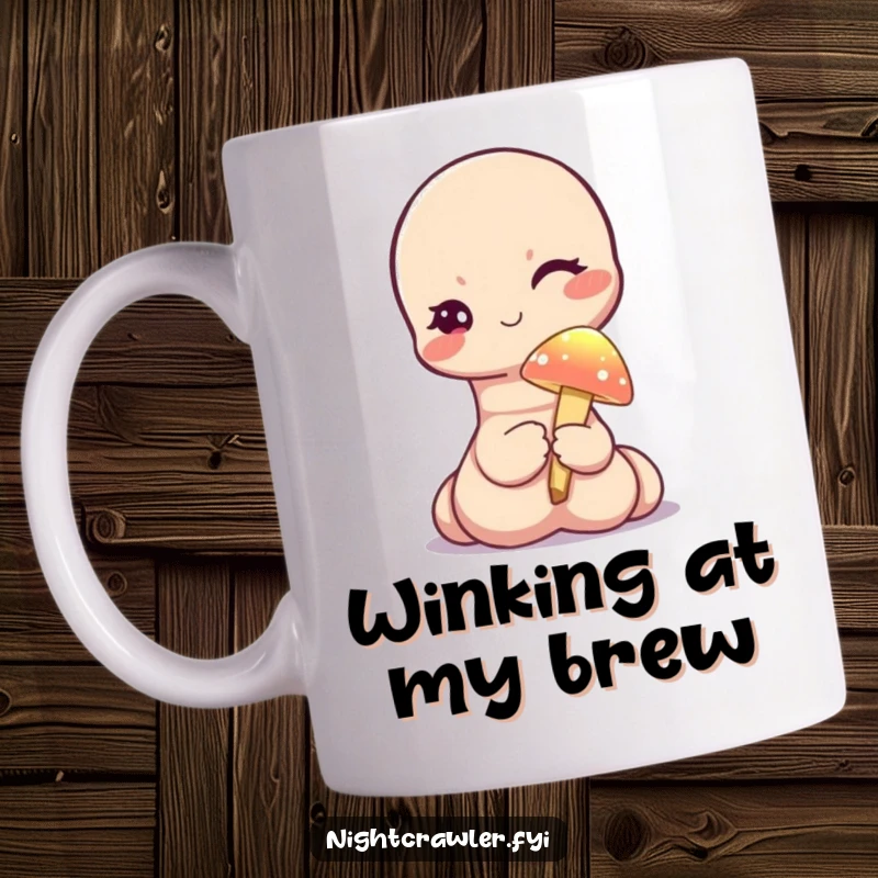 Funny mug showing a cute worm character winking while holding a tiny, illuminated mushroom, symbolizing secret magic and charm.