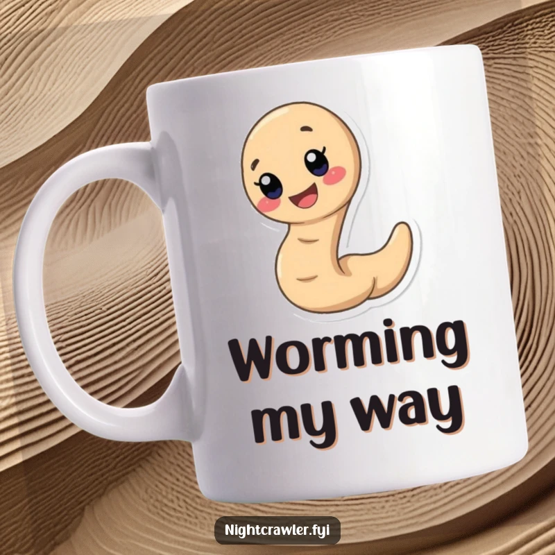 Funny earthworm mug showing a cute earthworm character slithering quickly with an exaggeratedly wide and happy smile, radiating pure joy.