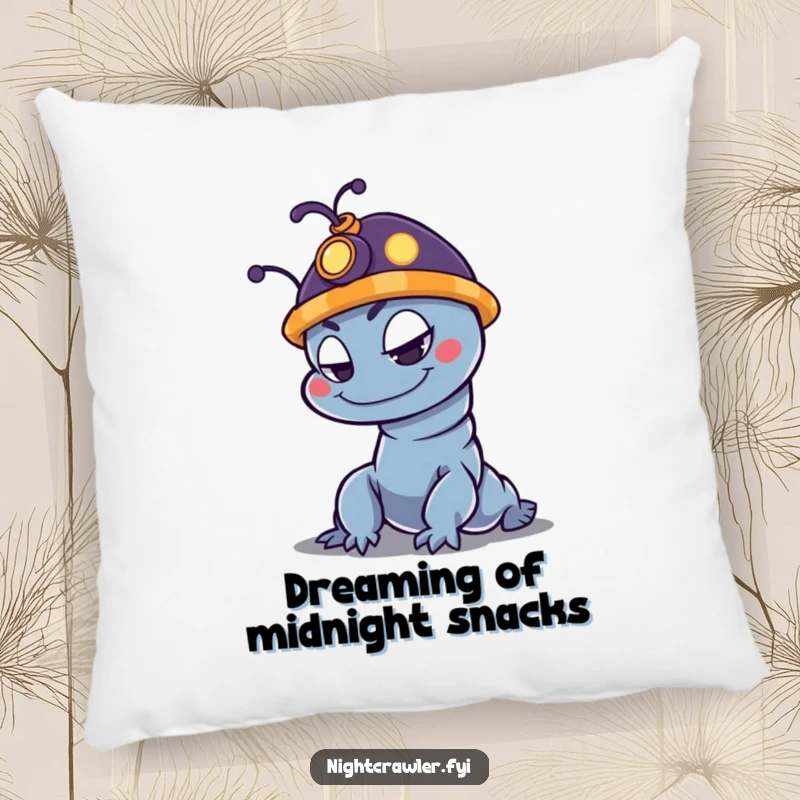Funny night crawler pillow with a mischievous character and a glowing hat, perfect for adding comfort and humor.