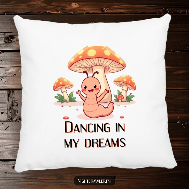Funny pillow with a happy worm character dancing under glowing toadstools, adding humorous and enchanting comfort.