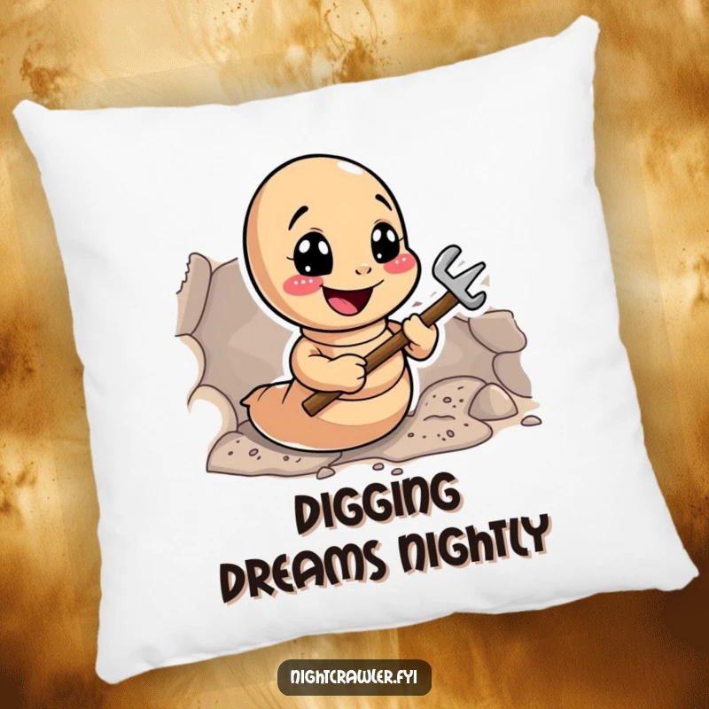 Funny Earthworm Digger Pillow: Happy worm digging a tunnel with tiny tools, a soft and humorous cushion.