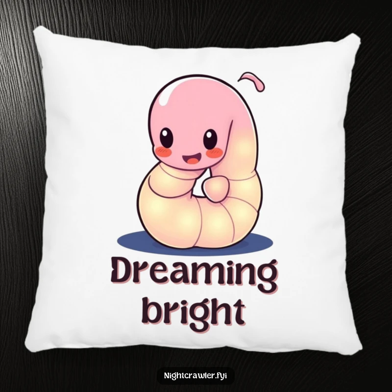 Funny pillow with a glowing worm character playfully wiggling its body in the dark, offering comfort and a gentle glow.