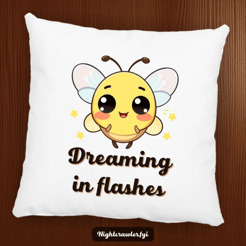 Funny pillow design of a playful firefly character blinking its light in a pattern signifying surprise, bringing soft cheer.