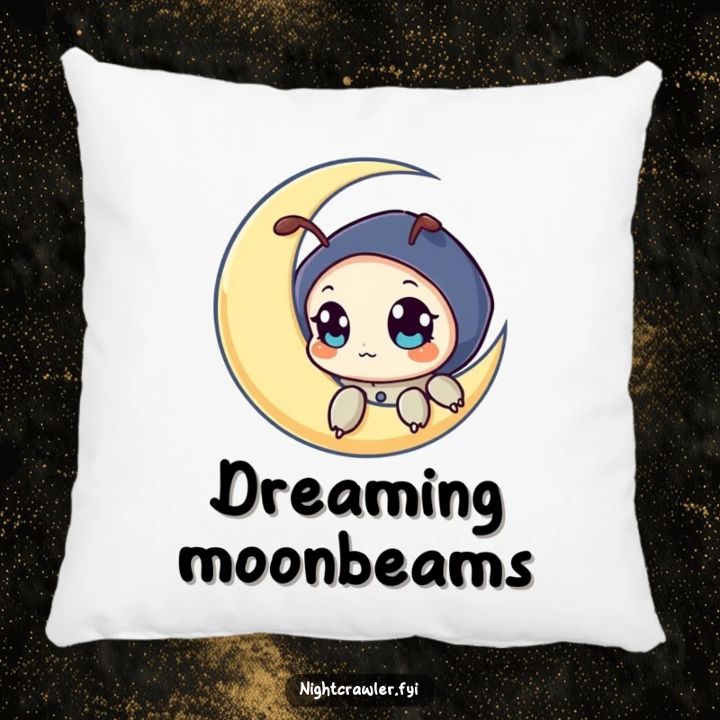 Funny pillow with a night crawler character peeking from a crescent moon, adding whimsical, celestial charm to any cozy corner.