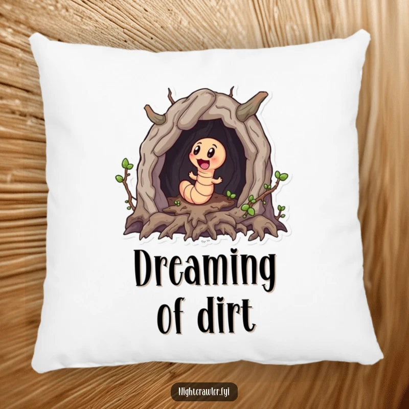 Funny pillow featuring a little worm character excitedly exploring a miniature cave made of roots, providing comfort and charm.