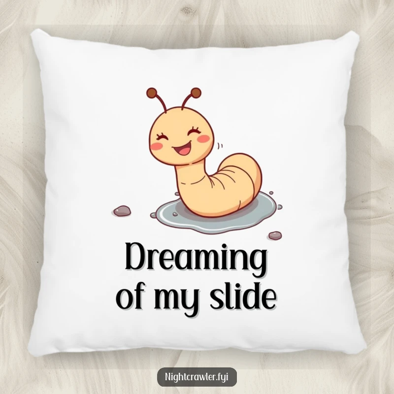 Funny pillow showcasing a happy worm character enjoying a slide down a damp pebble, bringing comfort and a cheerful grin.