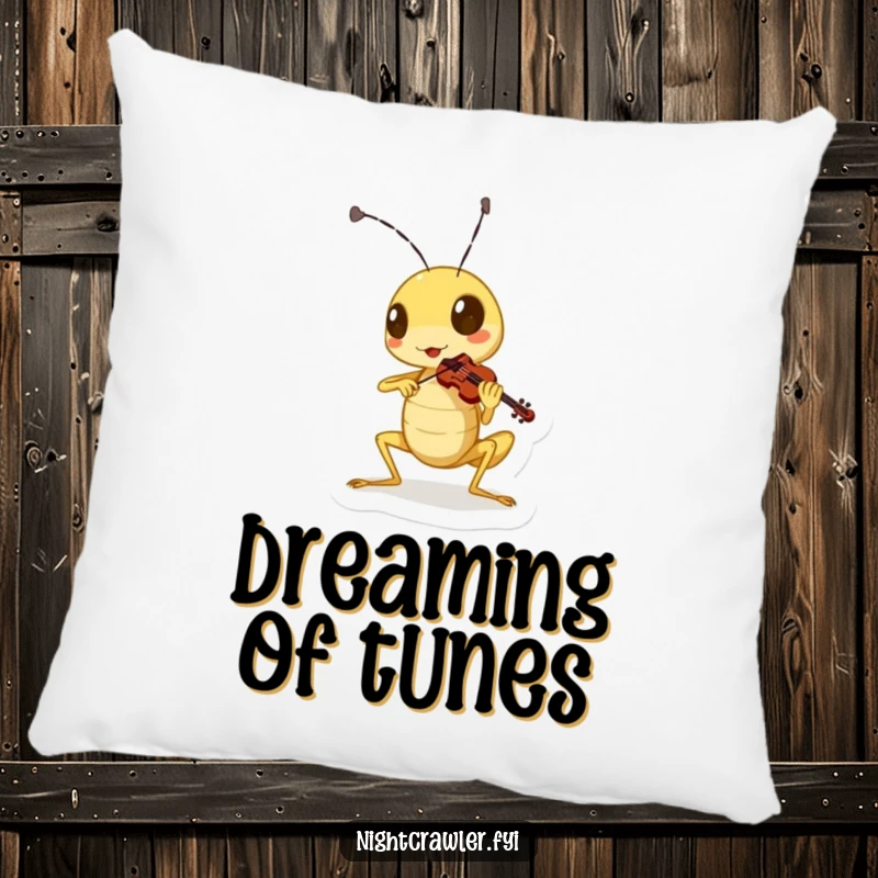 Funny cricket pillow featuring a cute character playing a miniature violin with gusto, adding musical charm to any space.