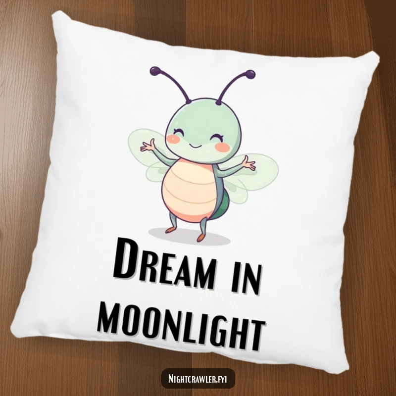 Funny pillow with a cute insect character twitching happily while dancing in a beam of moonlight, soft and humorous home decor.
