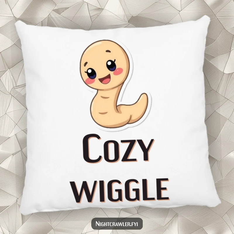 Funny earthworm pillow displaying a cute, fast earthworm character with an enormous, happy smile, perfect for cozying up.