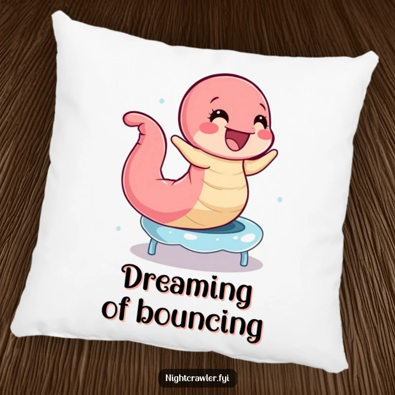 Funny Earthworm Trampoline Pillow: Joyful worm bouncing on a dewdrops trampoline, a soft and humorous cushion.
