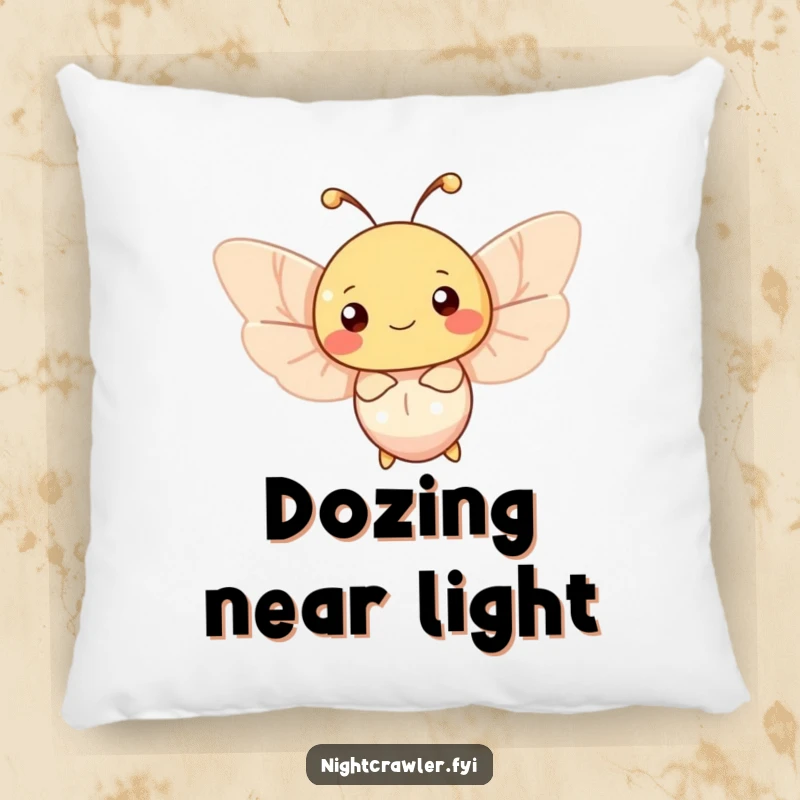 Funny moth pillow with a happy character fluttering around a soft, gentle light source, offering comfort and serene vibes.