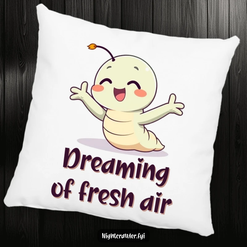 Funny pillow with a happy night crawler character with arms wide open, enjoying a gentle breeze, perfect for cozy moments.