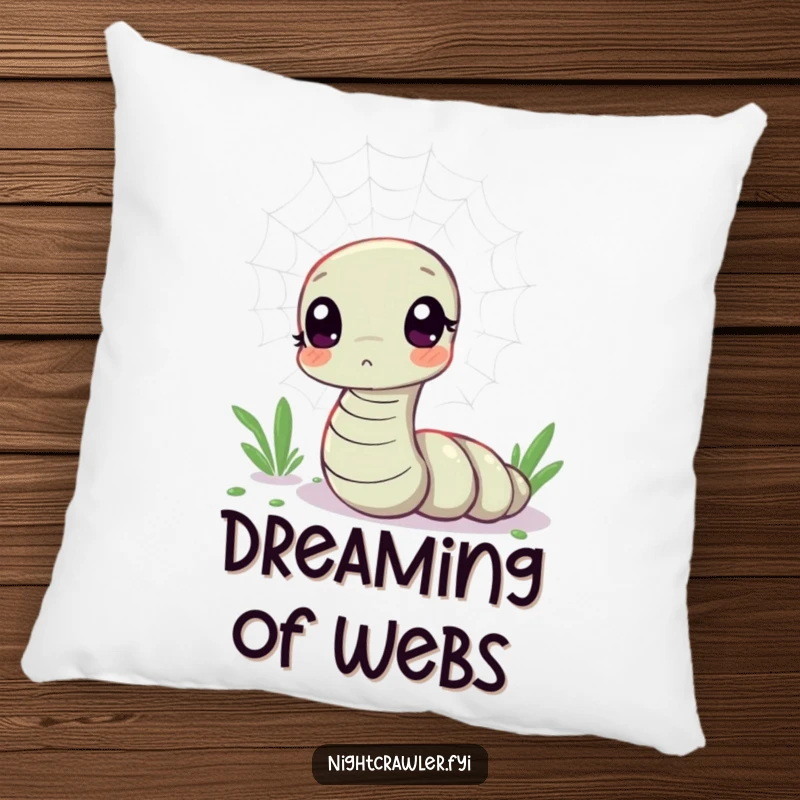 Funny pillow featuring a kawaii worm character looking curious at a shimmering spider web, providing comfort and whimsical charm.