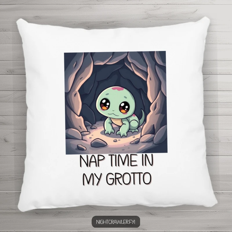 Funny pillow with a night crawler character exploring a miniature cave, offering comfort and a humorous visual element.