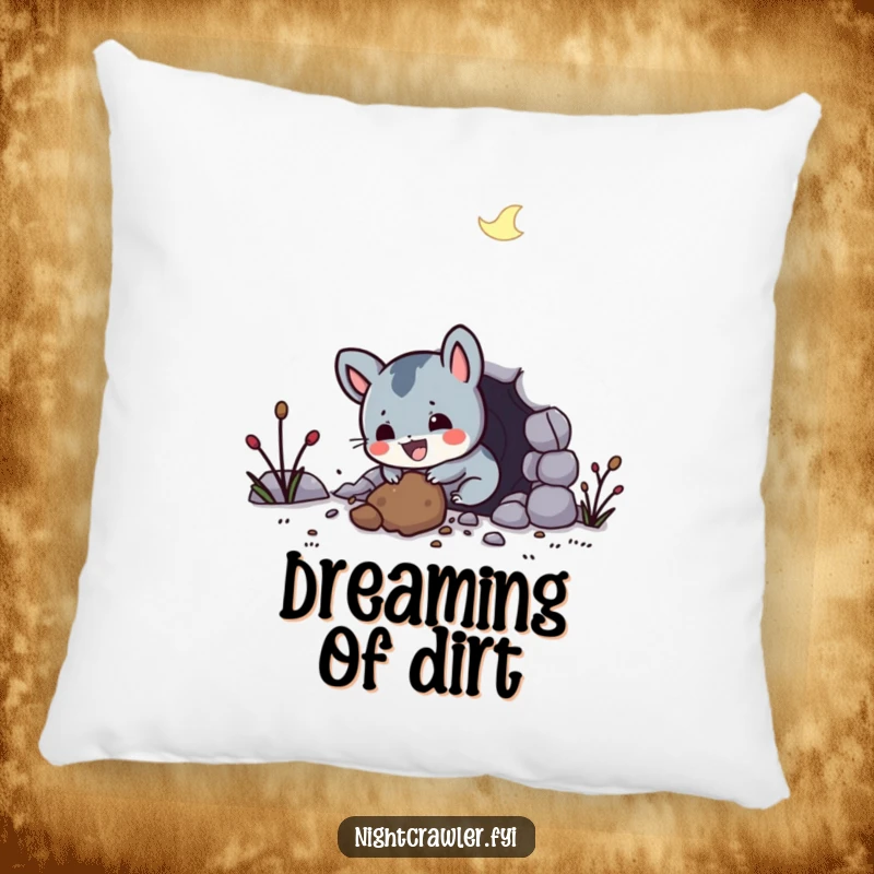 Funny pillow with a small, ecstatic night creature digging a tunnel, offering comfort and a humorous visual accent to any room.