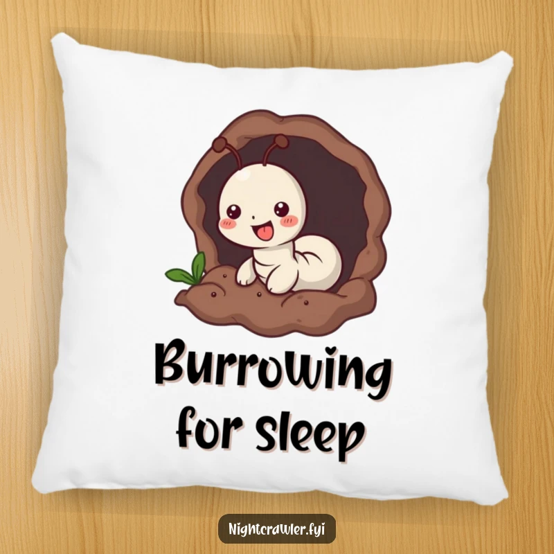 Funny pillow featuring a small worm character joyfully burrowing into soft, dark earth, providing comfort and a sense of peace.