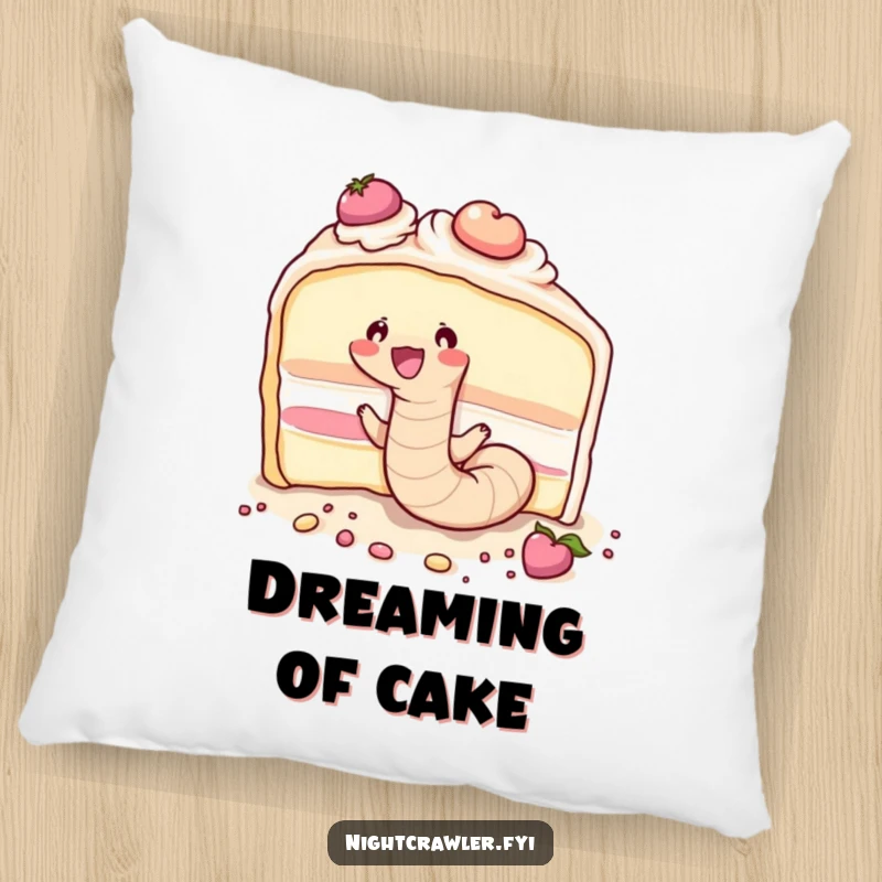 Funny cute earthworm joyfully burrowing through a large piece of cake, depicted on this comfortable pillow.