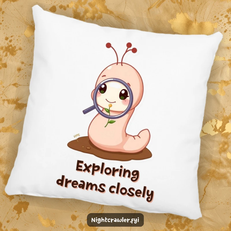Funny pillow with a cute worm character examining a tiny sprout with a magnifying glass, adding humorous and curious comfort.