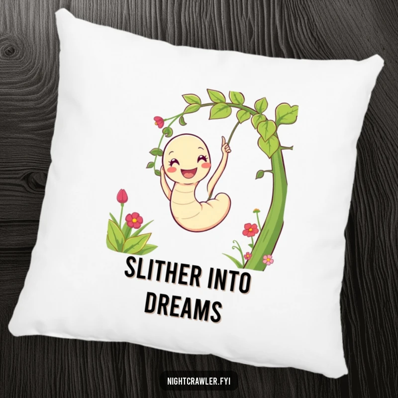 Funny pillow with a smiling worm character happily swinging on a vine, bringing a touch of garden whimsy indoors.