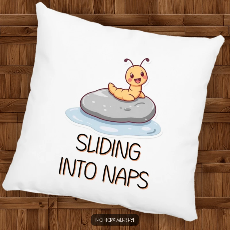 Funny pillow featuring a tiny worm character joyfully sliding down a smooth, wet pebble, providing comfort and whimsical charm.