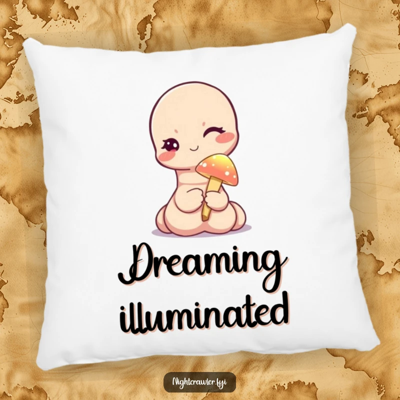 Funny pillow featuring a cute worm character winking while holding a tiny, illuminated mushroom, providing comfort and whimsical magic.
