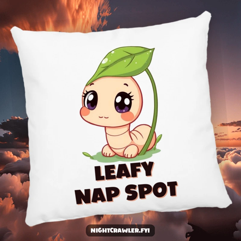 Funny pillow featuring a cute worm character peeking from a dewy leaf, offering plush, funny decor for the curious soul.