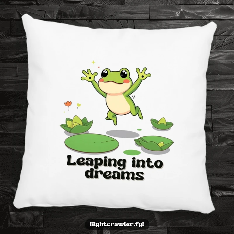 Funny Frog Pillow featuring a cute frog character energetically leaping between lily pads in the dark, offering a humorous and comfortable accent.