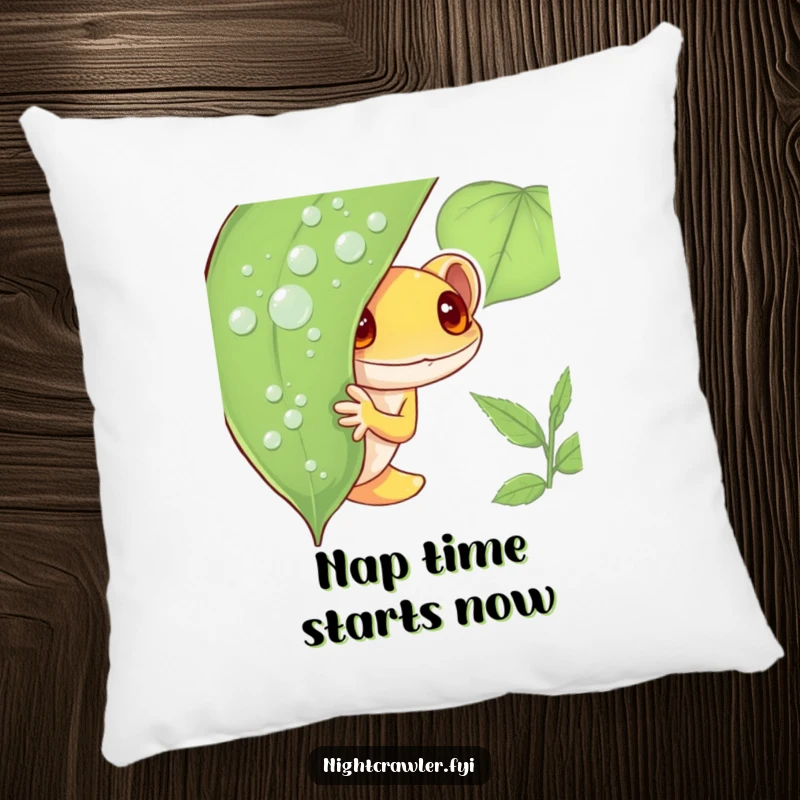 Funny Gecko Pillow featuring a shy gecko character peeking from behind a dew-covered leaf, offering a humorous and comfortable decorative accent.