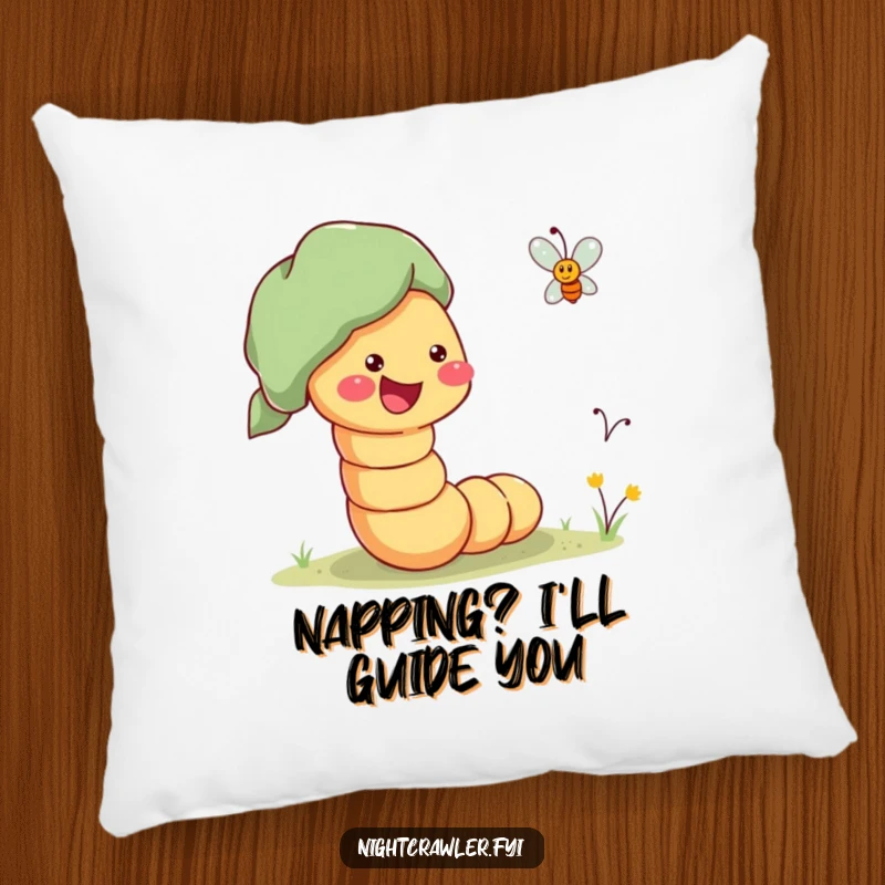 Funny Pillow with a cheerful worm enthusiastically guiding a lost firefly home, offering comfort and a reminder of kindness.