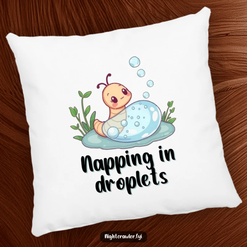 Funny pillow showing a curious earthworm exploring a dewdrop, offering a soft, comforting, and humorous accent.