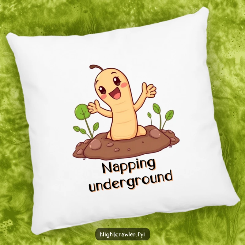 Funny pillow: cute earthworm popping out of the ground, waving. Soft, humorous, and welcoming.